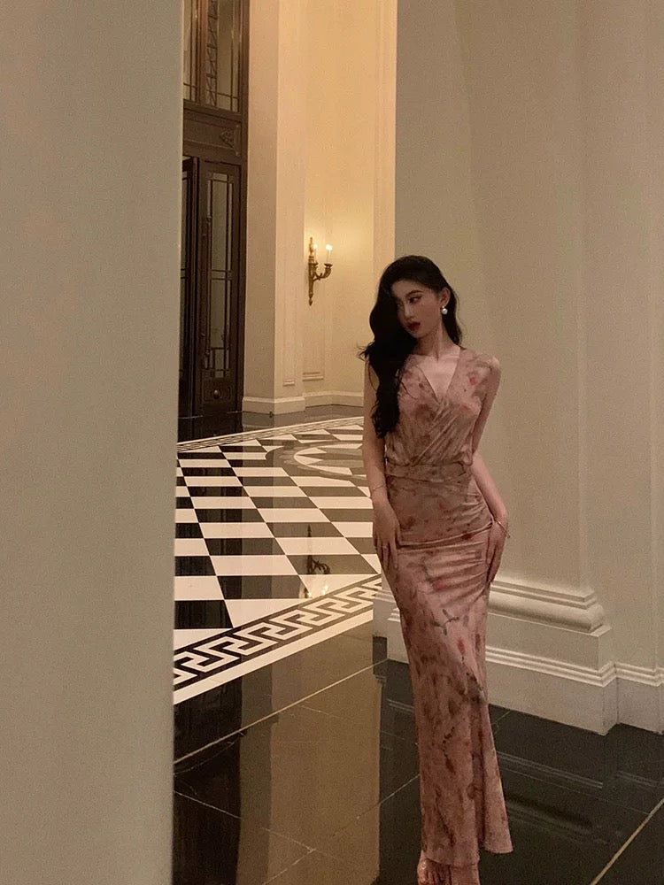 Sheath V Neckline Long Pink Floral Prom Dresses Birthday Outfits Evening Gown SD1002
