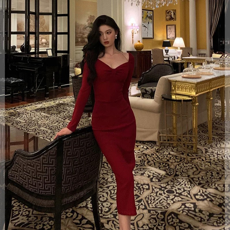 Sheath V Neckline Long Sleeves Red Prom Dresses Birthday Outfits Evening Gown SD1009