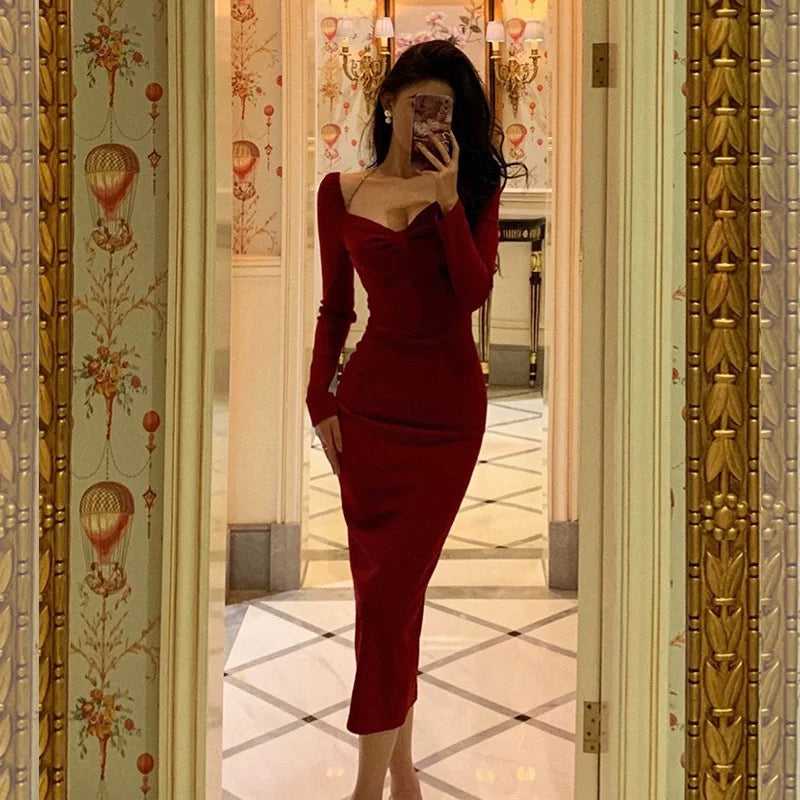 Sheath V Neckline Long Sleeves Red Prom Dresses Birthday Outfits Evening Gown SD1009