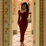 Sheath V Neckline Long Sleeves Red Prom Dresses Birthday Outfits Evening Gown SD1009