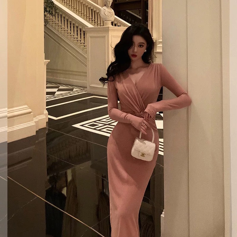 Sheath V Neckline Pink Pleated Prom Dresses Birthday Outfits Evening Gown SD1016