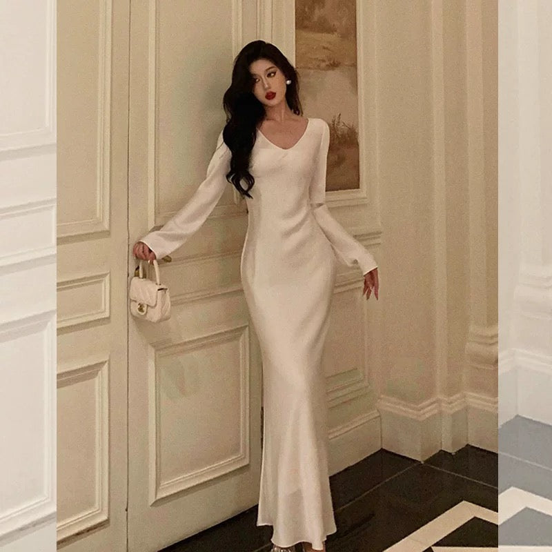 Sheath V Neckline Ivory Long Prom Dresses Birthday Outfits Evening Gown SD1017