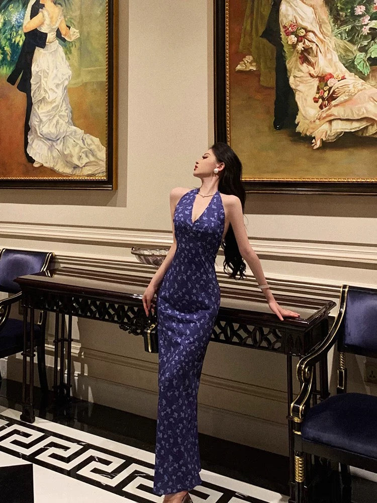 Sheath V Neckline Floral Blue Prom Dresses Birthday Outfits Evening Gown SD1028