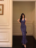 Sheath V Neckline Floral Blue Prom Dresses Birthday Outfits Evening Gown SD1028