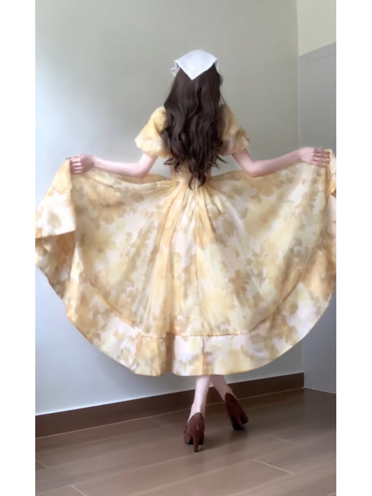 French A line Square Neckline Yellow Holiday Dress Floral Birthday Dresses Birthday Outfits SD1149