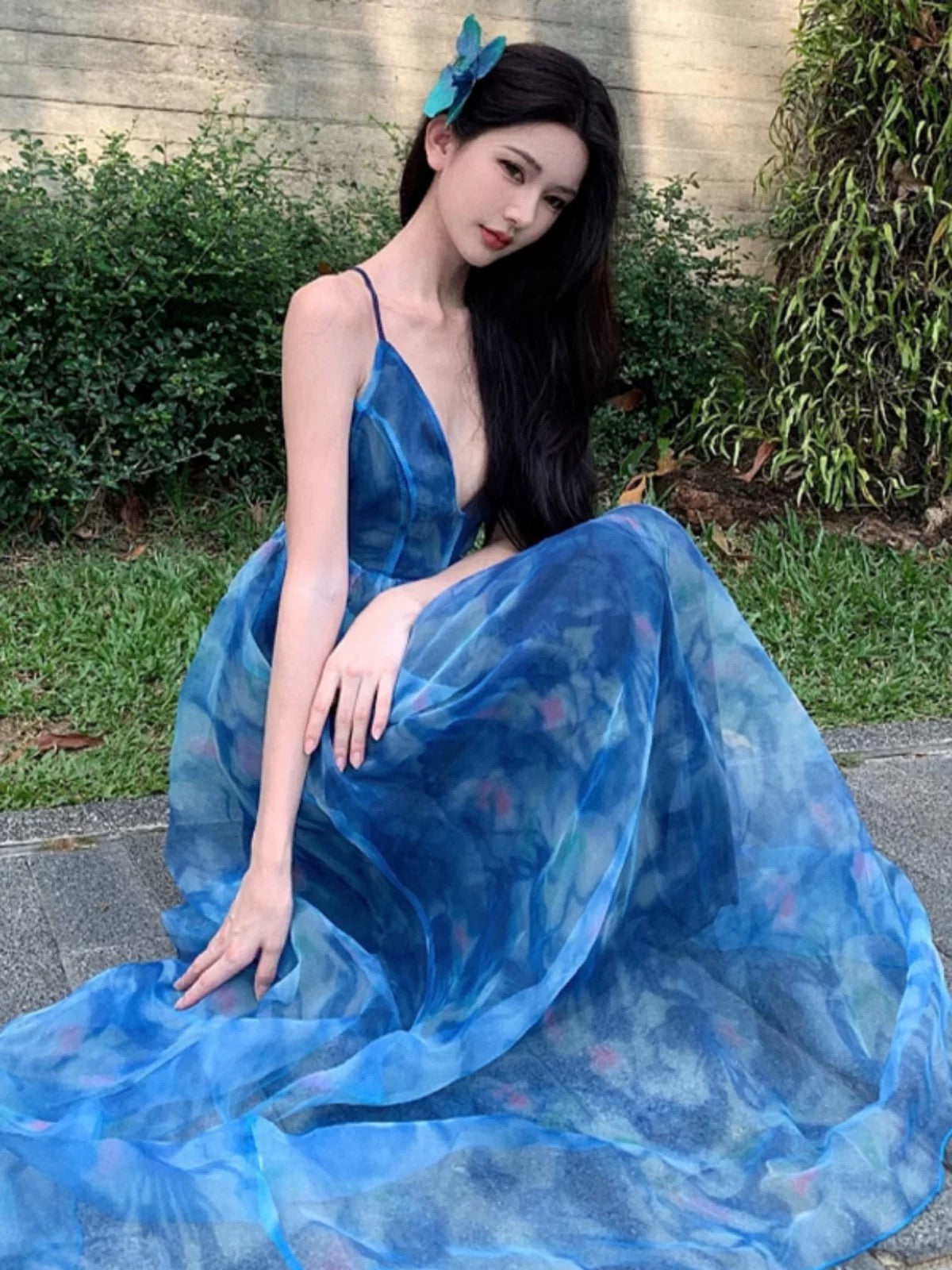 A line Spaghetti Straps Blue Floral Backless Holiday Beach Dress Women's Long Vacation Dresses SD1155