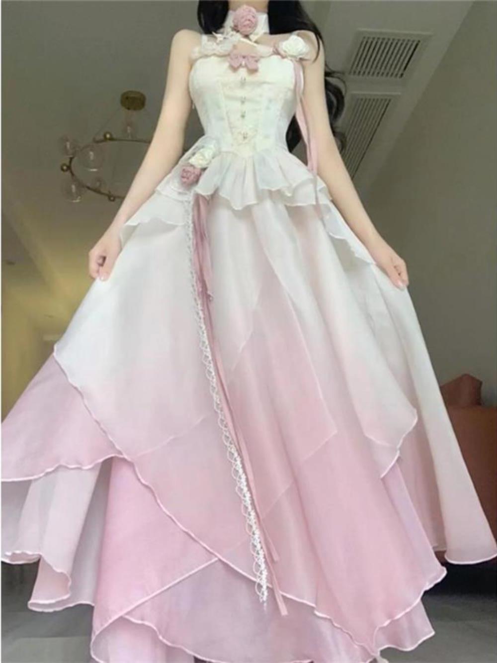 A line Ombre Pink Chiffon Dress Long Prom Dresses Night Dress Birthday Outfits SD1176