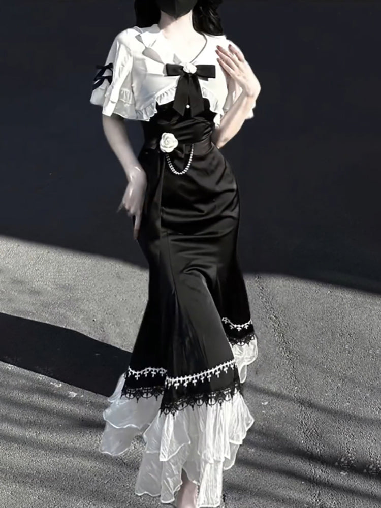 A line Black Satin Long Prom Dresses Night Lolita Dress Birthday Outfits SD1195