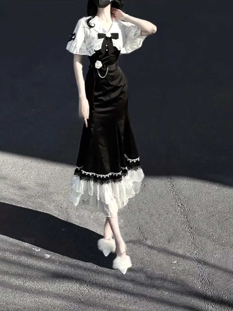 A line Black Satin Long Prom Dresses Night Lolita Dress Birthday Outfits SD1195