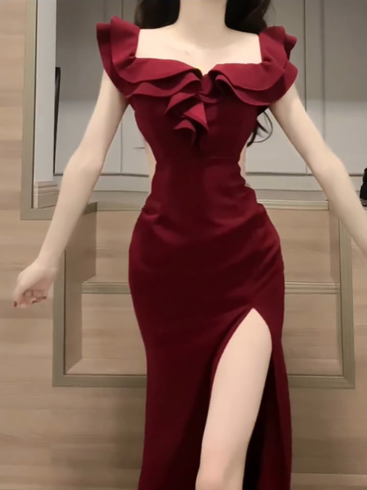 Sheath Off The Shoulder Burgundy Slit Holiday Prom Dresses Night Dress Birthday Outfits SD1218