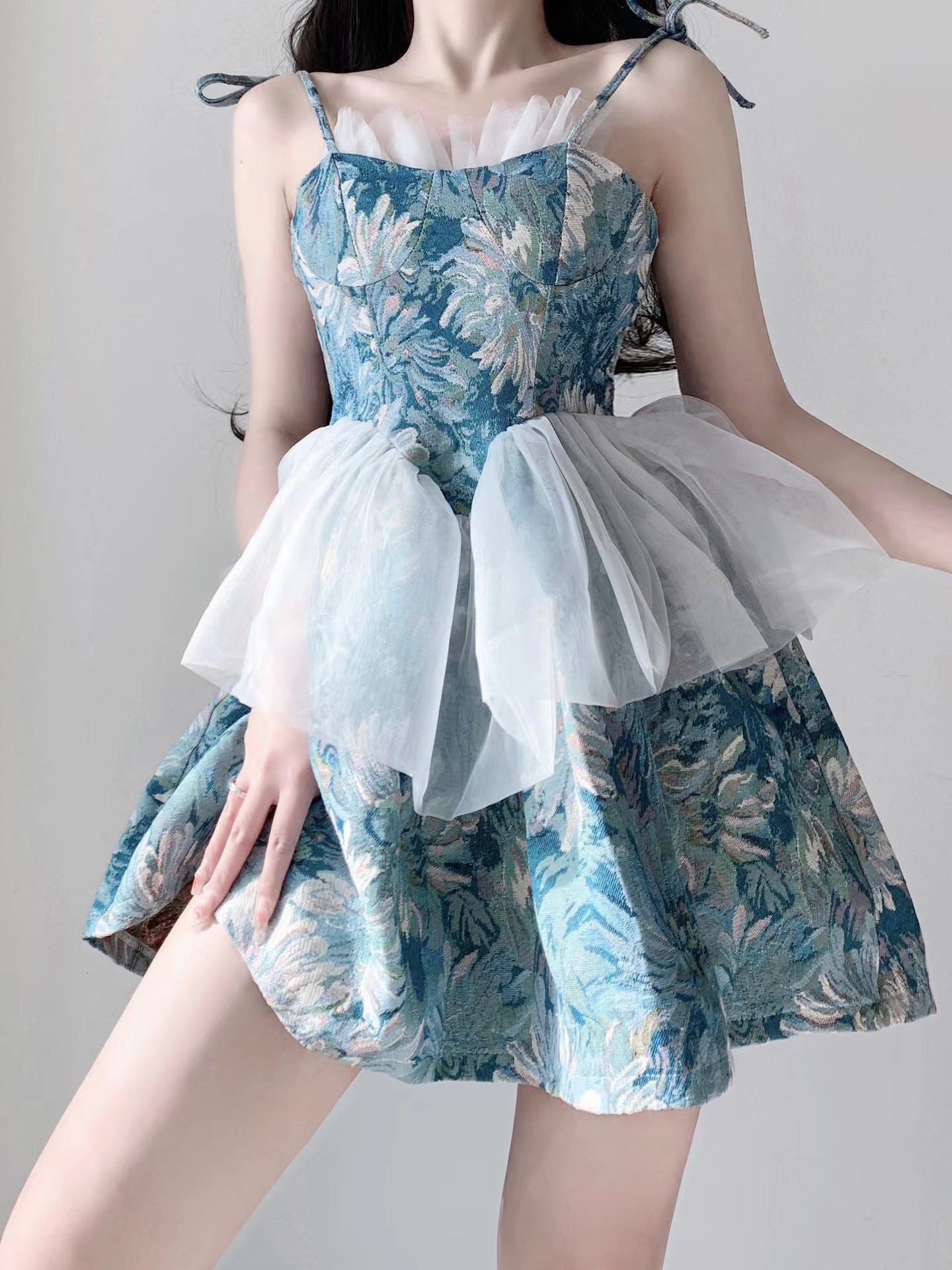 Ball Gown Spaghetti Straps Blue Satin Floral Holiday Dress Birthday Dresses Birthday Outfits SD1238