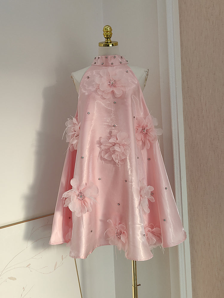 A line Halter Pink Travel Vacation Dresses Short Satin Birthday Dress SD1245