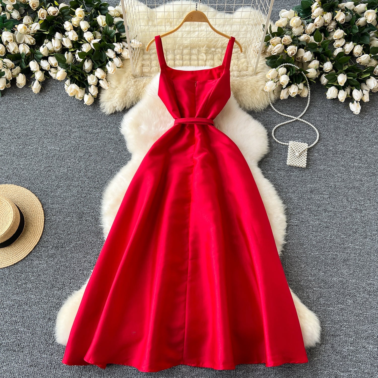 A line Straps Red Holiday Dresses Midi Length Women's Dress SD1271