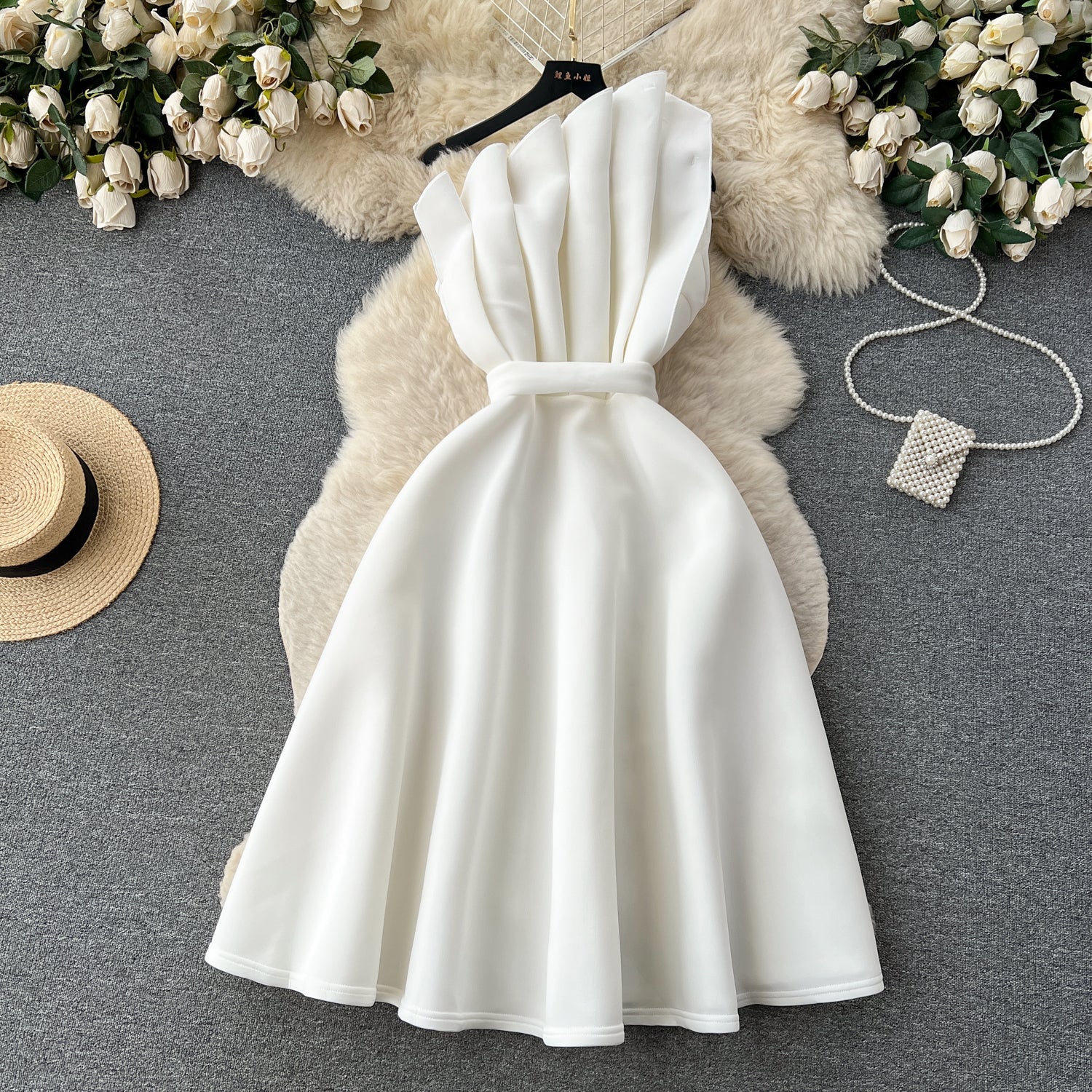 A line One Shoulder Ruffles White Holiday Dresses Midi Length Women's Dress SD1278