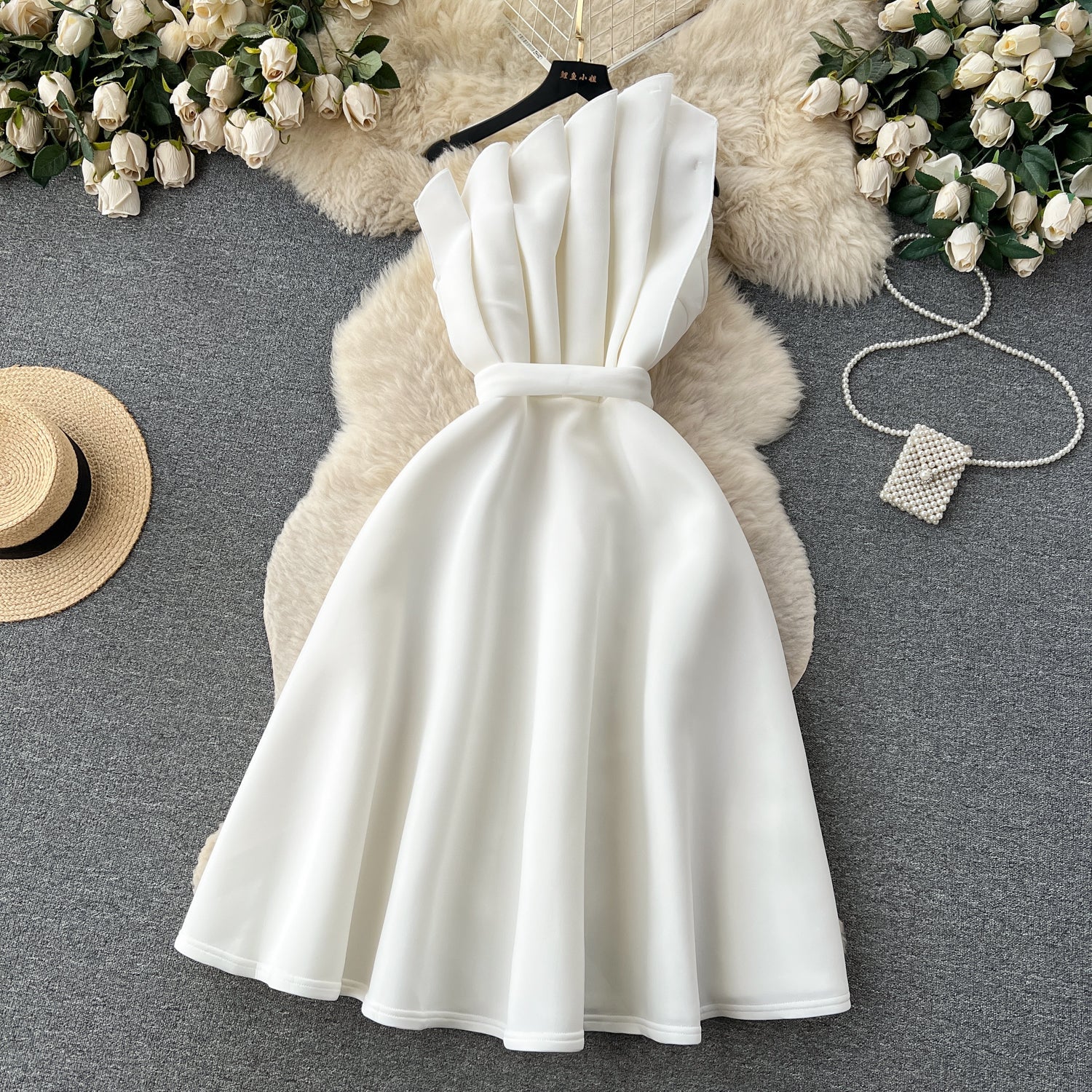 A line One Shoulder Ruffles White Holiday Dresses Midi Length Women's Dress SD1278