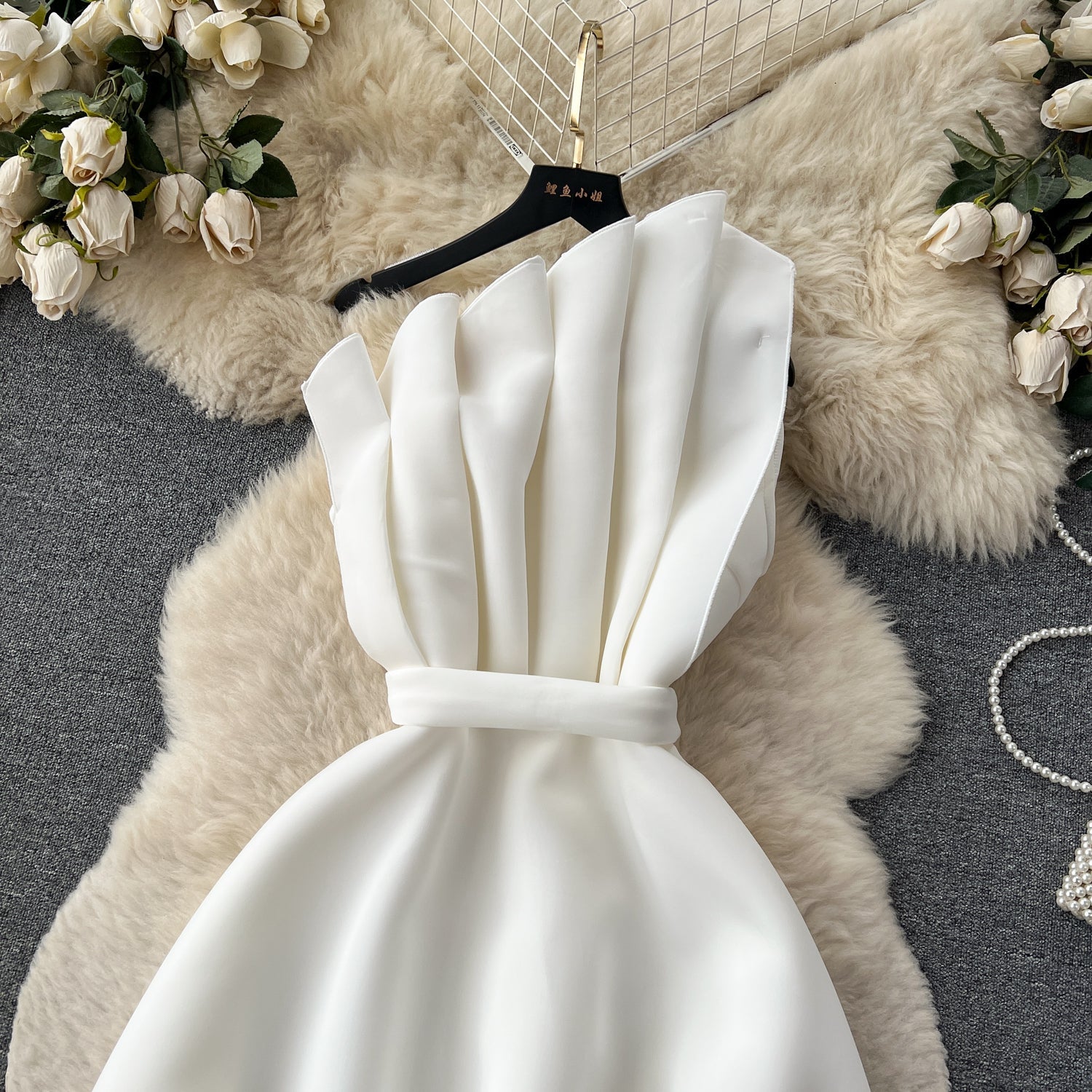 A line One Shoulder Ruffles White Holiday Dresses Midi Length Women's Dress SD1278