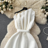 A line One Shoulder Ruffles White Holiday Dresses Midi Length Women's Dress SD1278