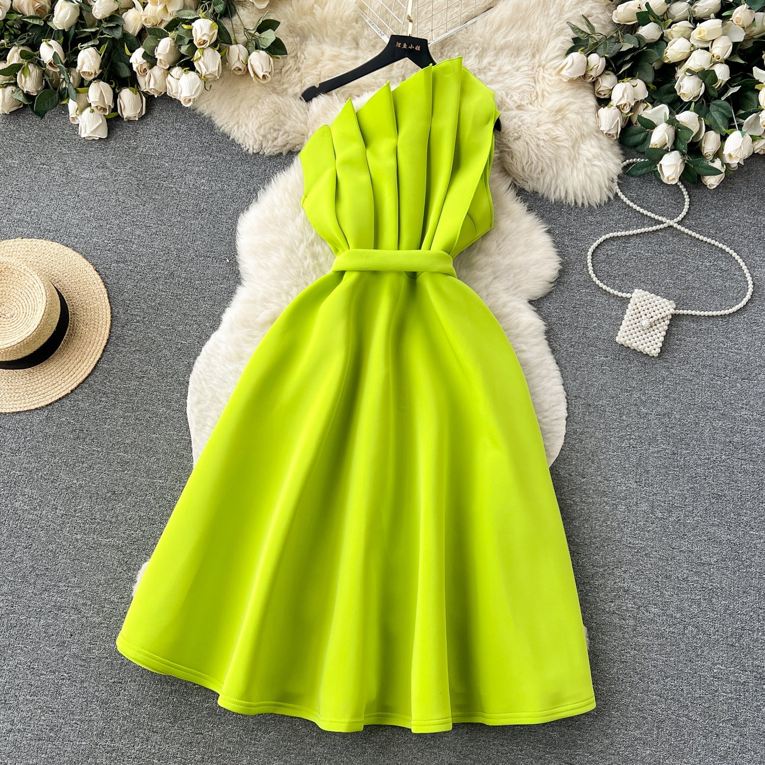 A line One Shoulder Ruffles Bud Green Holiday Dresses Midi Length Women's Dress SD1279