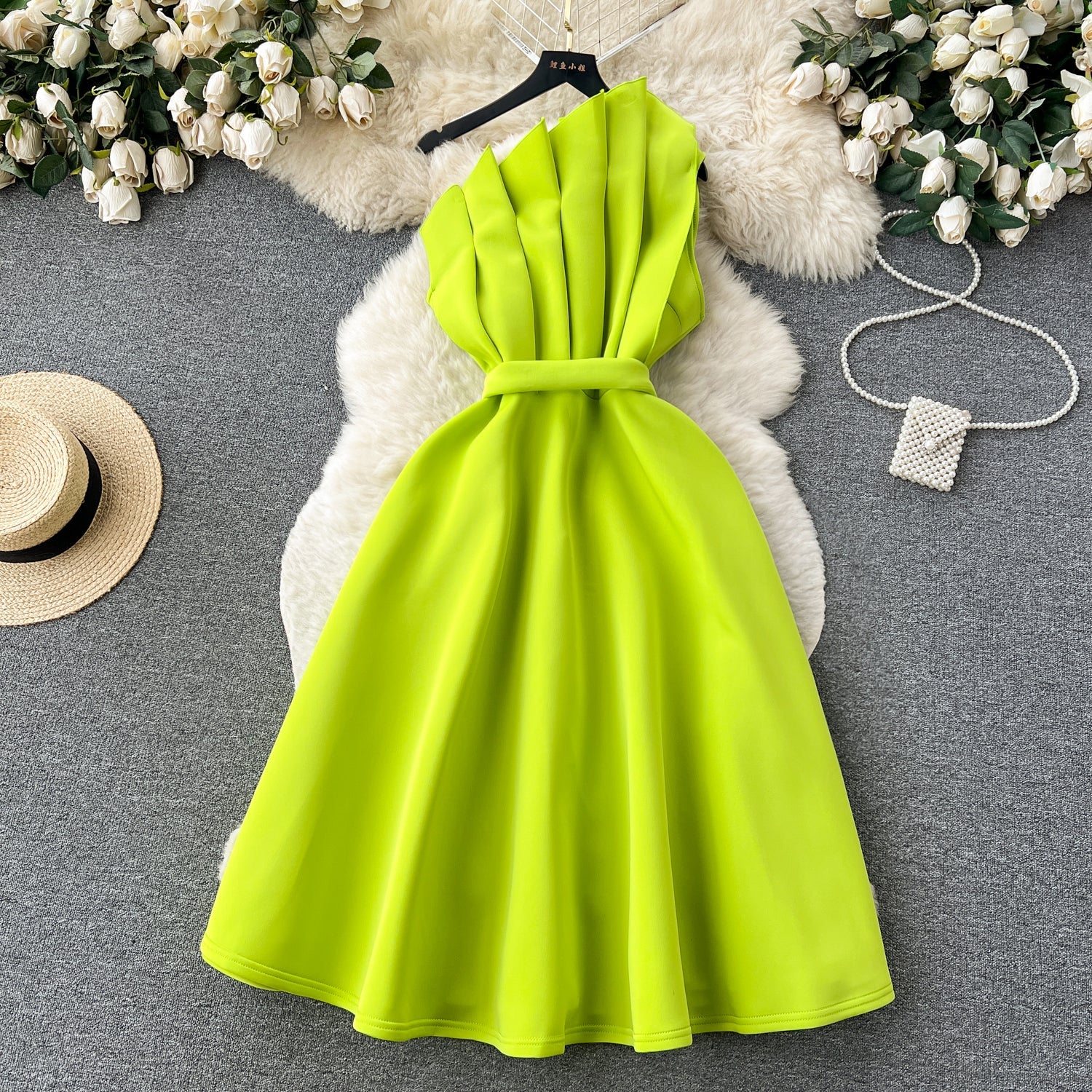 A line One Shoulder Ruffles Bud Green Holiday Dresses Midi Length Women's Dress SD1279