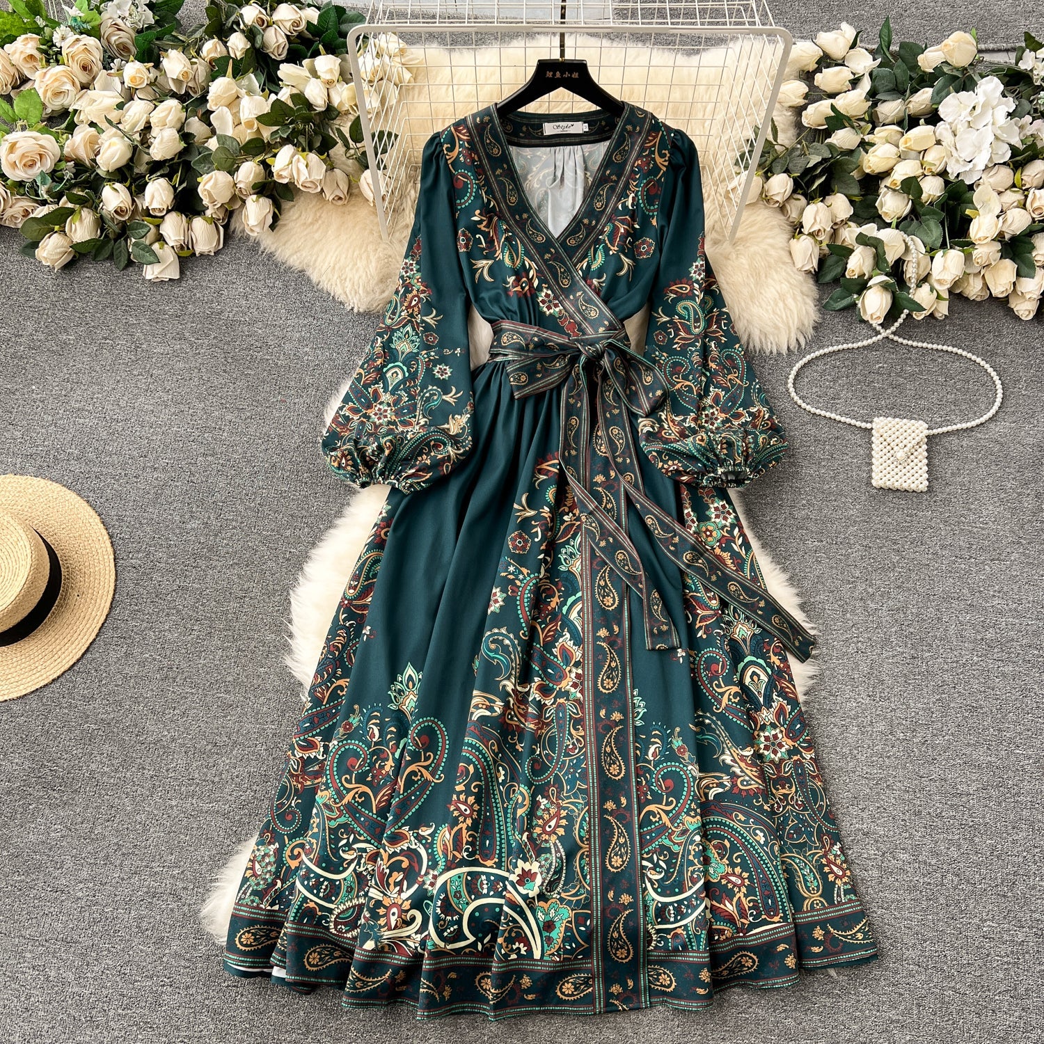 A line Long Sleeves Green Floral Holiday Dresses Autumn Women's Dress SD1280