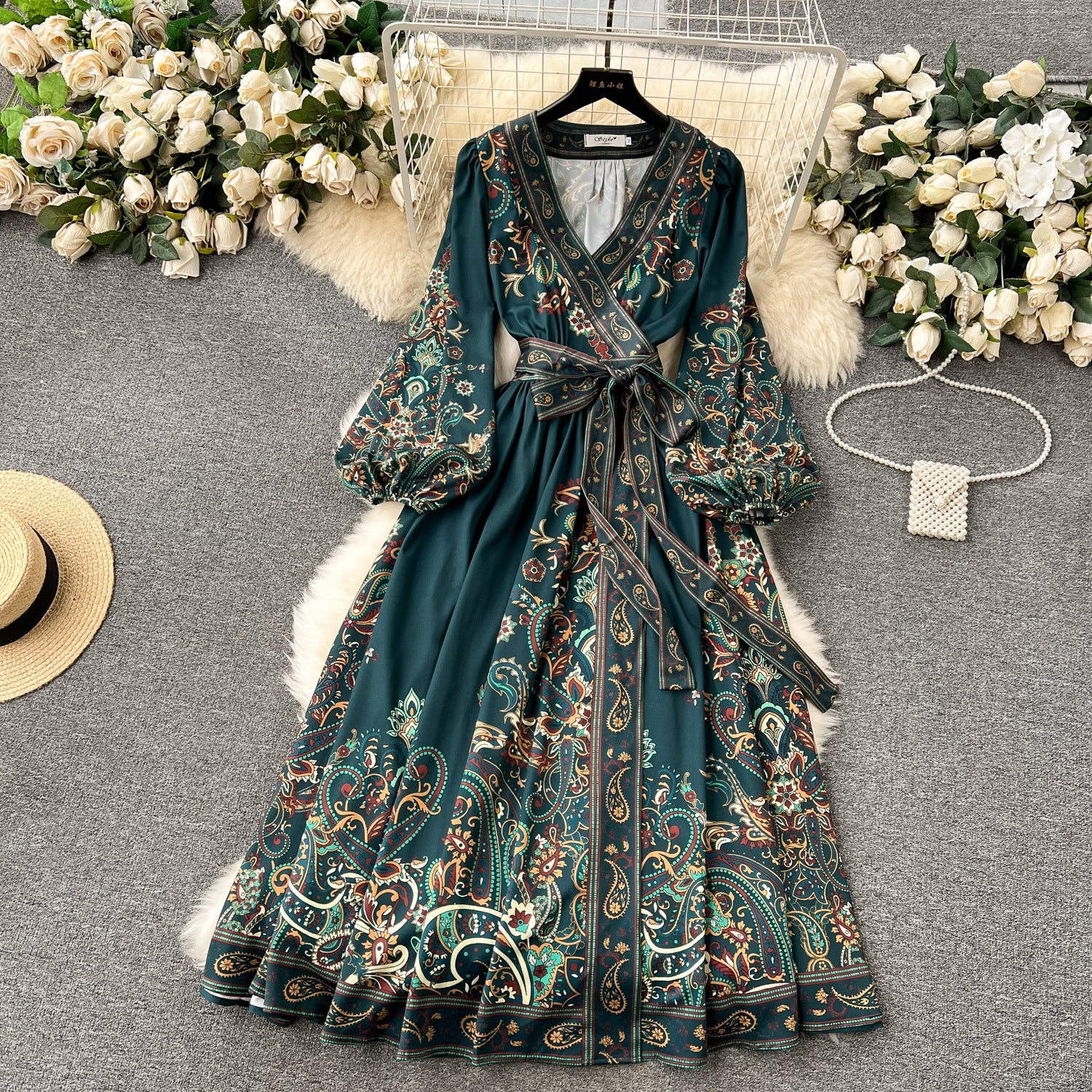 A line Long Sleeves Green Floral Holiday Dresses Autumn Women's Dress SD1280
