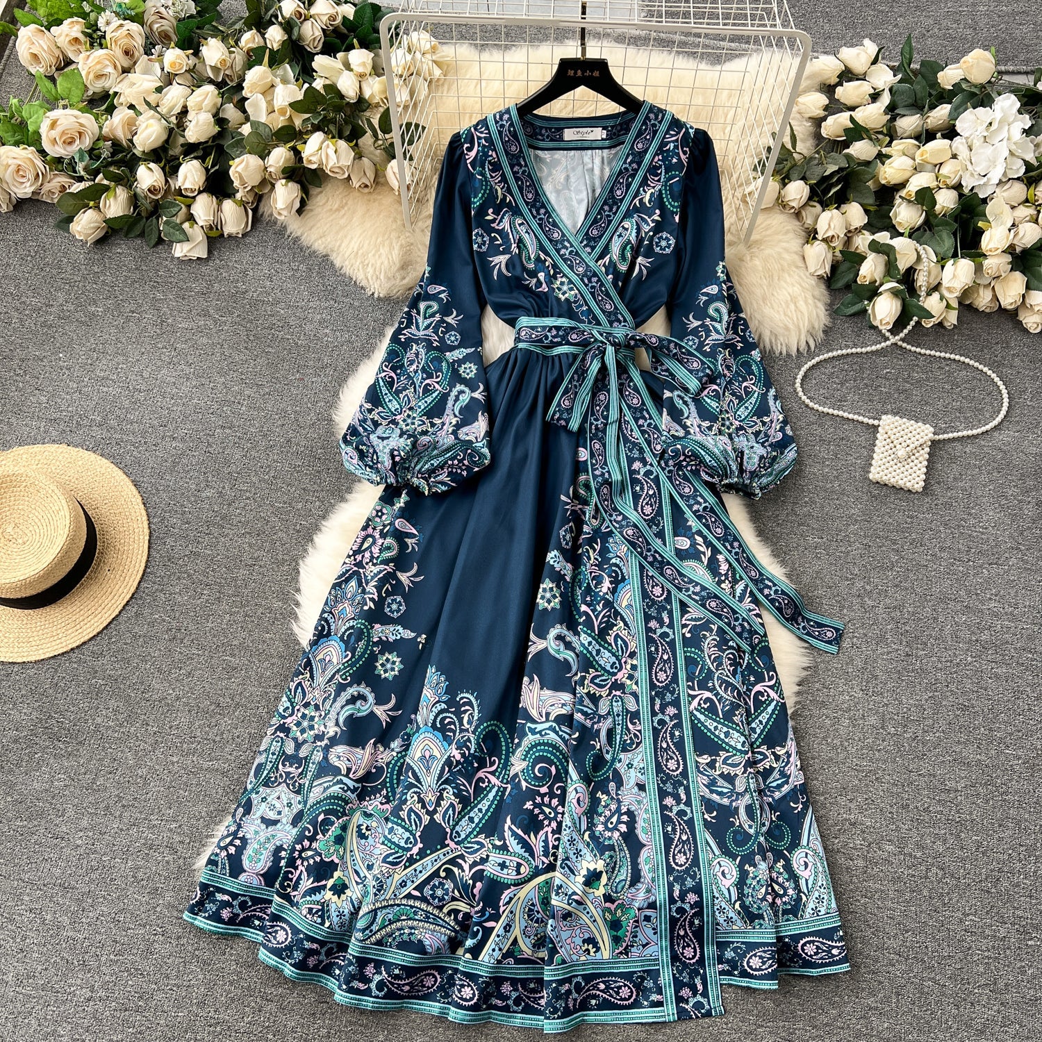 A line Long Sleeves Blue Floral Holiday Dresses Autumn Women's Dress SD1281