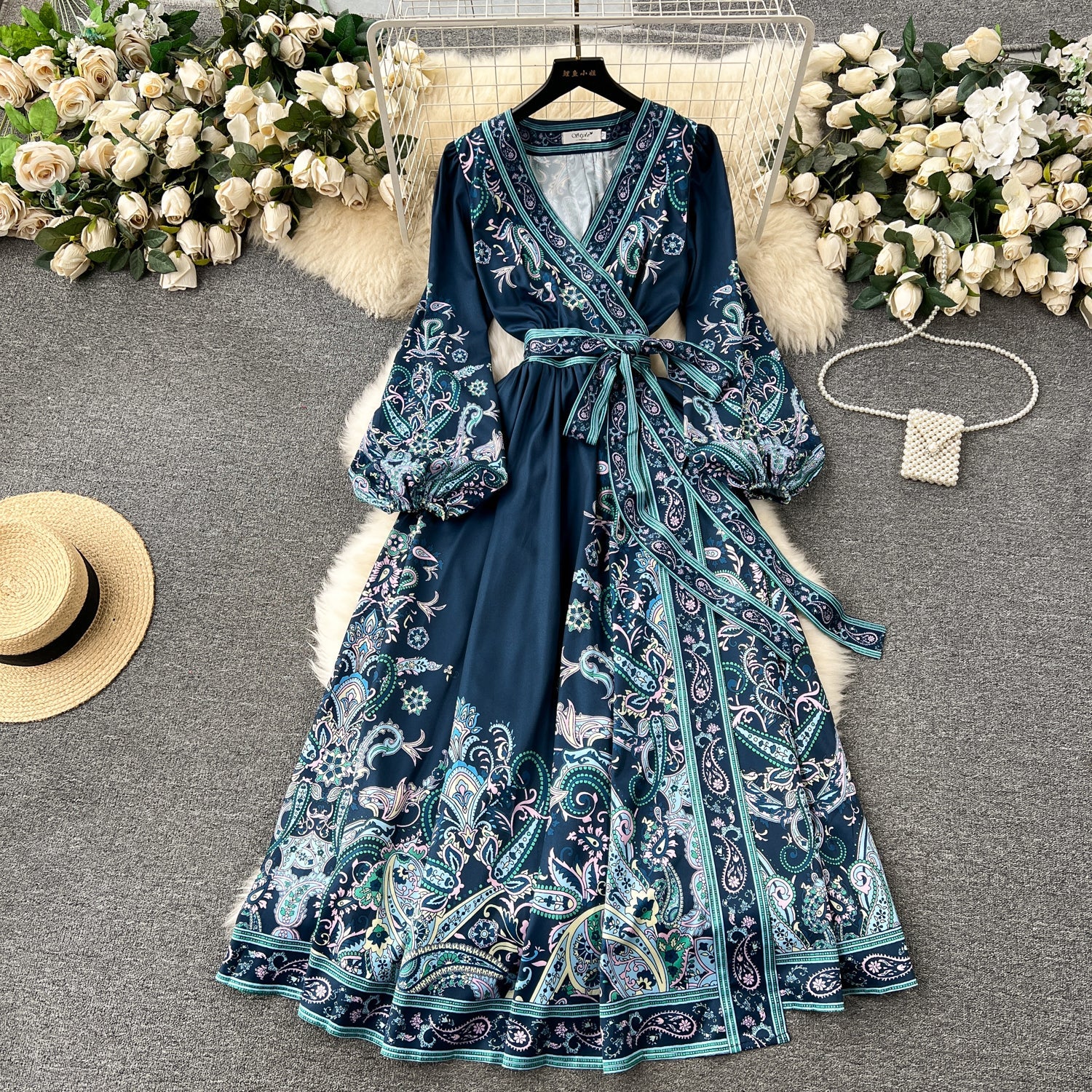 A line Long Sleeves Blue Floral Holiday Dresses Autumn Women's Dress SD1281