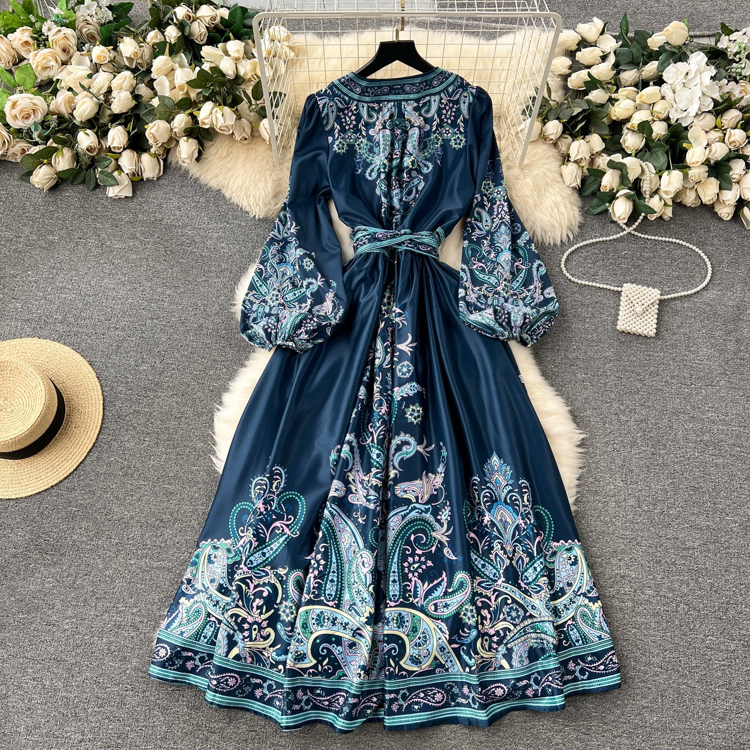 A line Long Sleeves Blue Floral Holiday Dresses Autumn Women's Dress SD1281