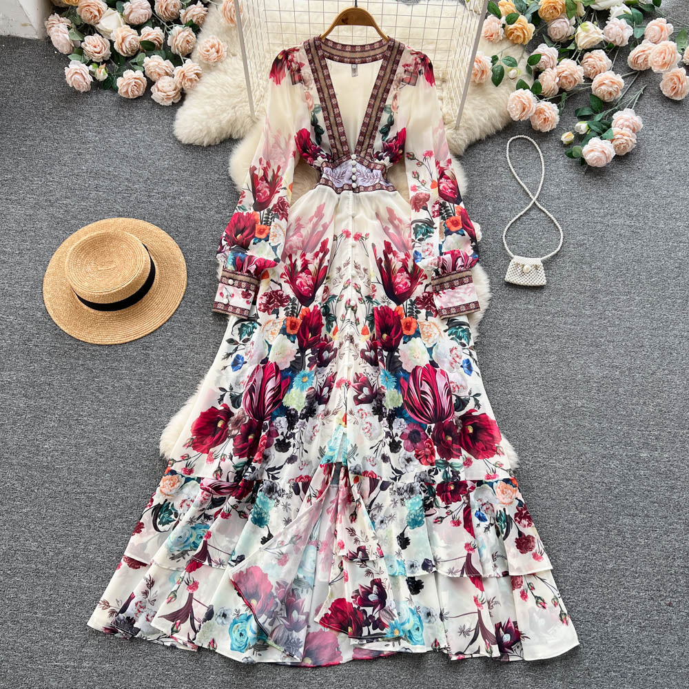 A line Long Sleeves Pink Floral Holiday Dresses Women's Dress SD1282