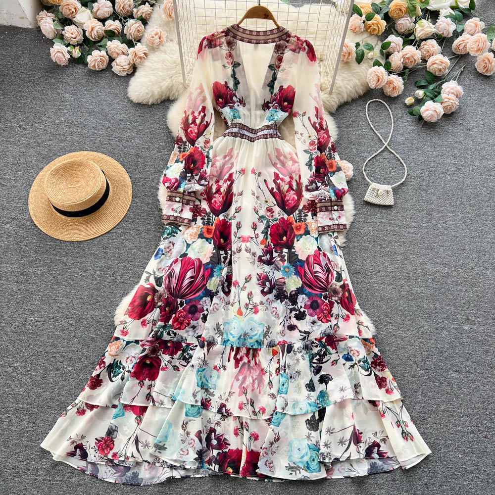 A line Long Sleeves Pink Floral Holiday Dresses Women's Dress SD1282