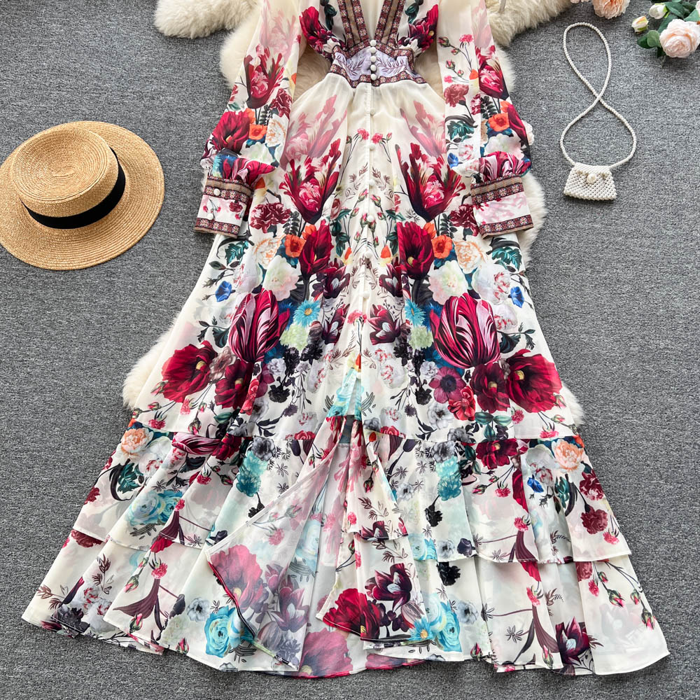 A line Long Sleeves Pink Floral Holiday Dresses Women's Dress SD1282