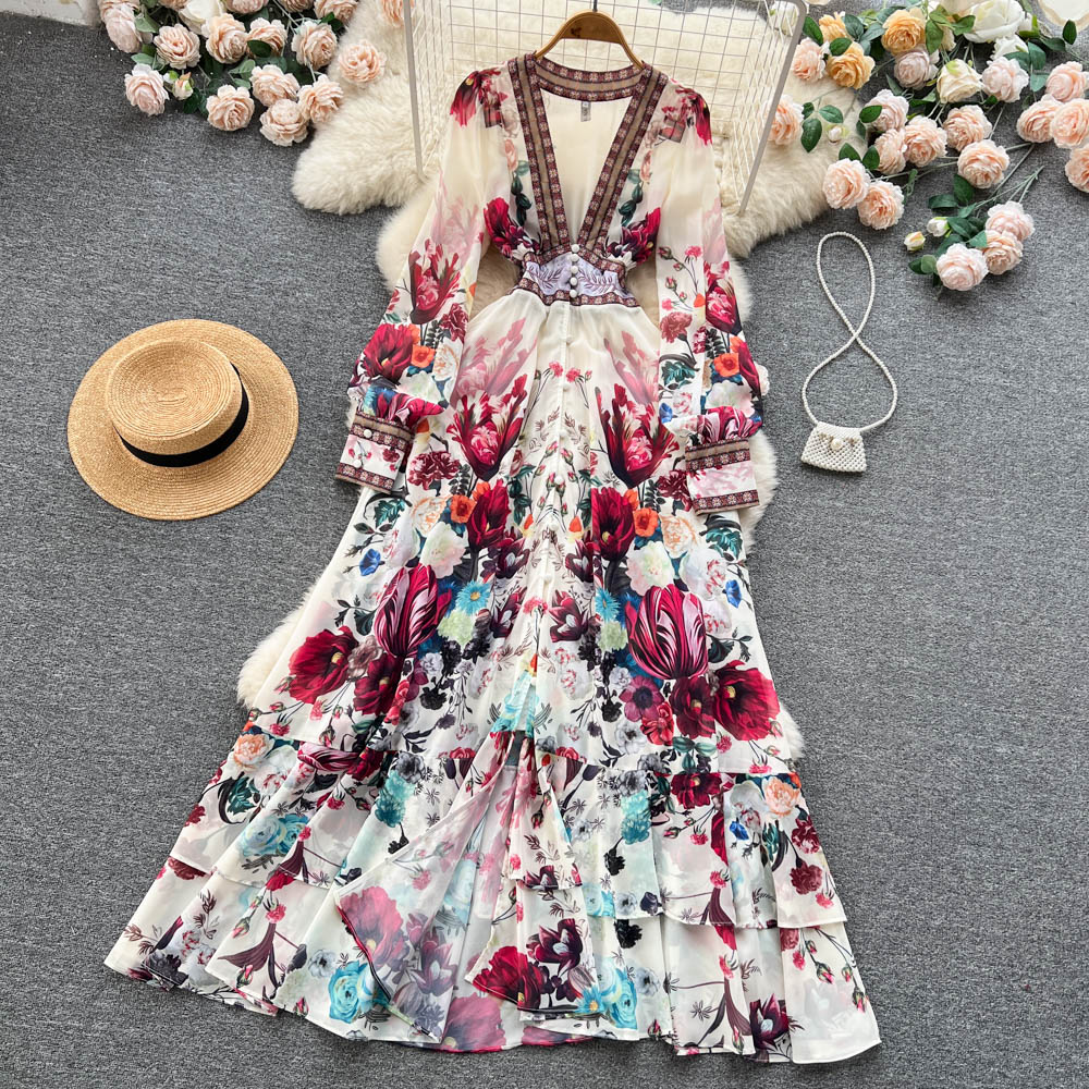 A line Long Sleeves Pink Floral Holiday Dresses Women's Dress SD1282