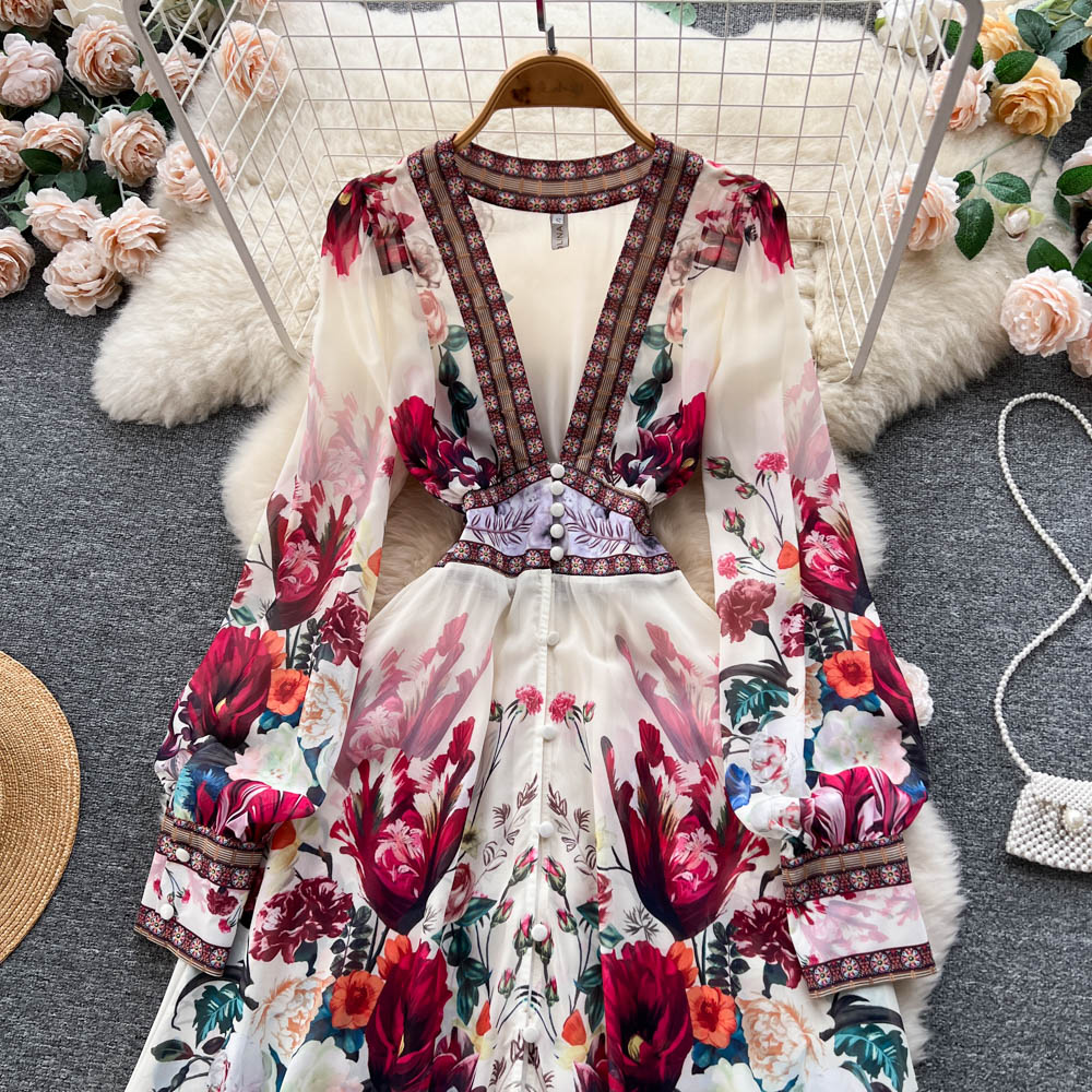 A line Long Sleeves Pink Floral Holiday Dresses Women's Dress SD1282