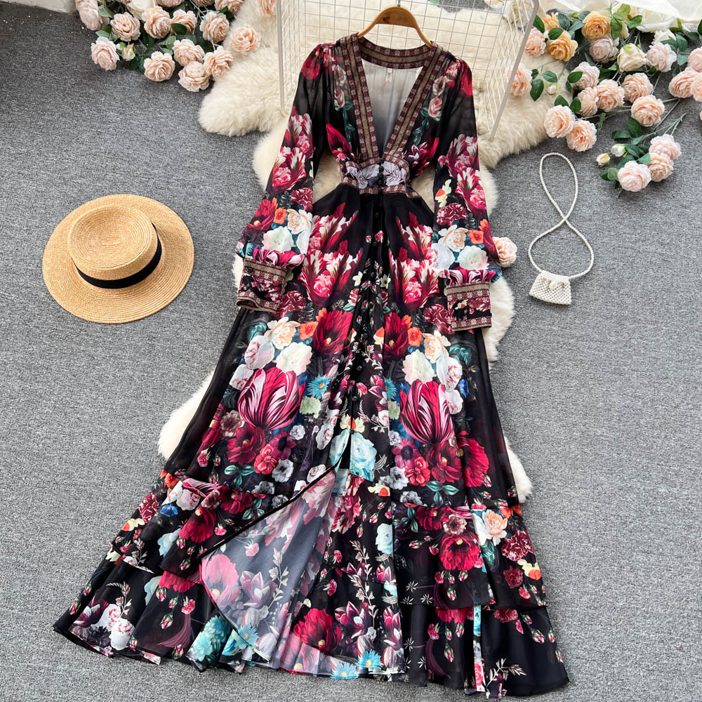 A line Long Sleeves Black Floral Holiday Dresses Women's Dress SD1283
