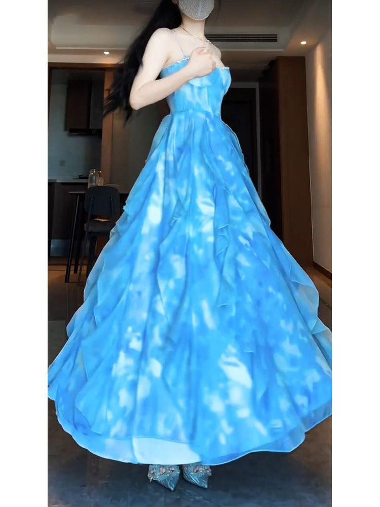 A line Spaghetti Straps Blue Holiday Dress Chiffon Birthday Dresses Birthday Outfits SD1292