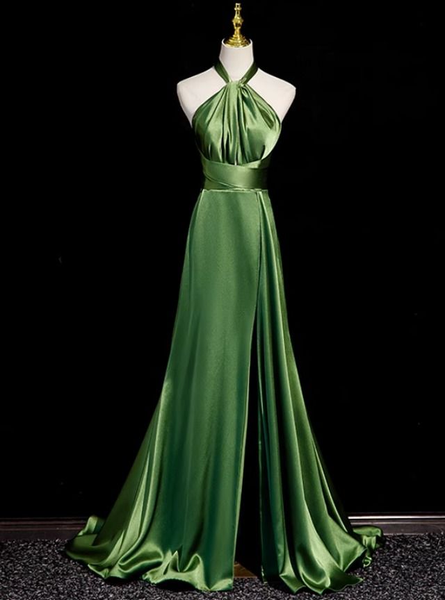 A line Green Satin Halter Backless Prom Dress Prom Dress SD1294