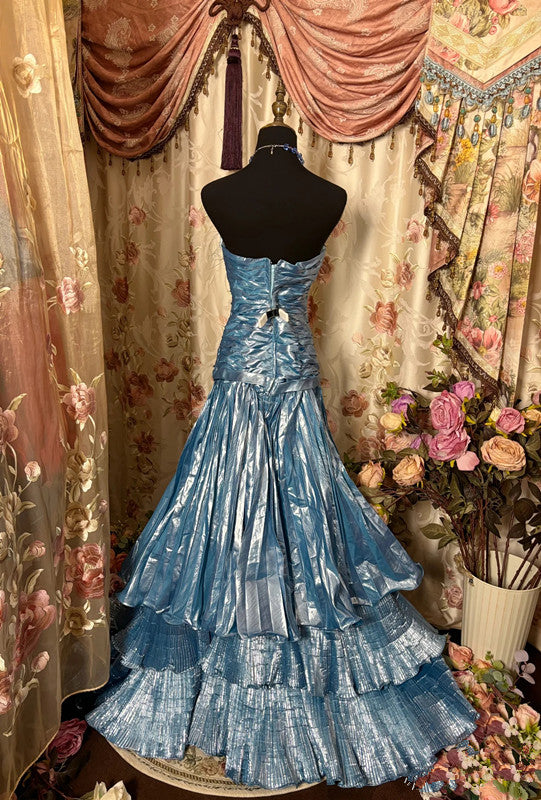 Mermaid Strapless Blue Satin Prom Dresses Long Evening Gown Formal Party Dress SD1299 HZ0628