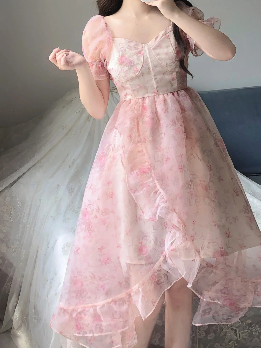 High Low Square Neckline Floral Holiday Dress Birthday Dresses Birthday Outfits SD1307