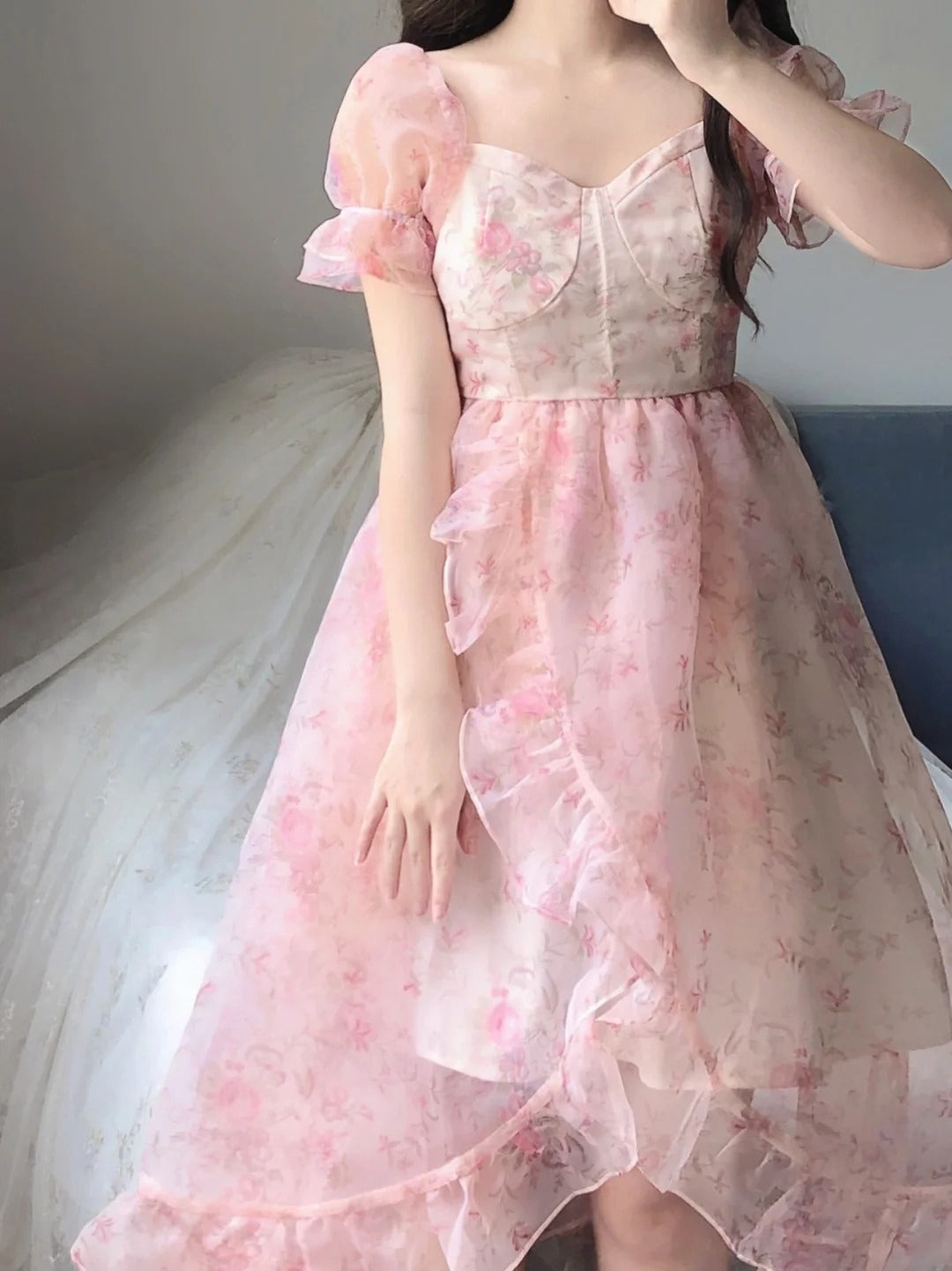 High Low Square Neckline Floral Holiday Dress Birthday Dresses Birthday Outfits SD1307