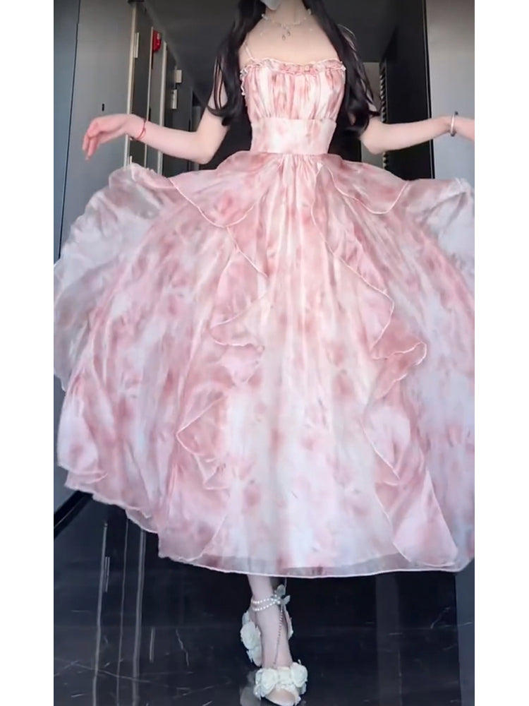 A line Spaghetti Straps Pink Floral Holiday Dress Birthday Dresses Birthday Outfits SD1309
