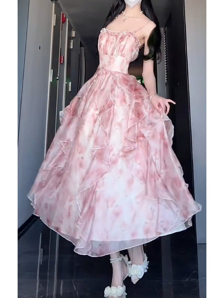 A line Spaghetti Straps Pink Floral Holiday Dress Birthday Dresses Birthday Outfits SD1309