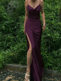 Silk Satin Long Evening Party Dress Prom Dresses with High Slit SD1342
