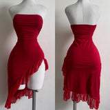 Sheath Strapless Red Short Chiffon Prom Dresses Party Dress SD1370