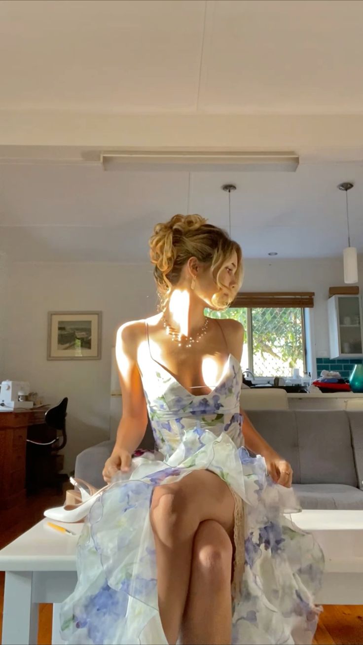 Sheath Spaghetti Straps Floral Blue Slit Chiffon Long Party Dress Prom Dresses SD1403