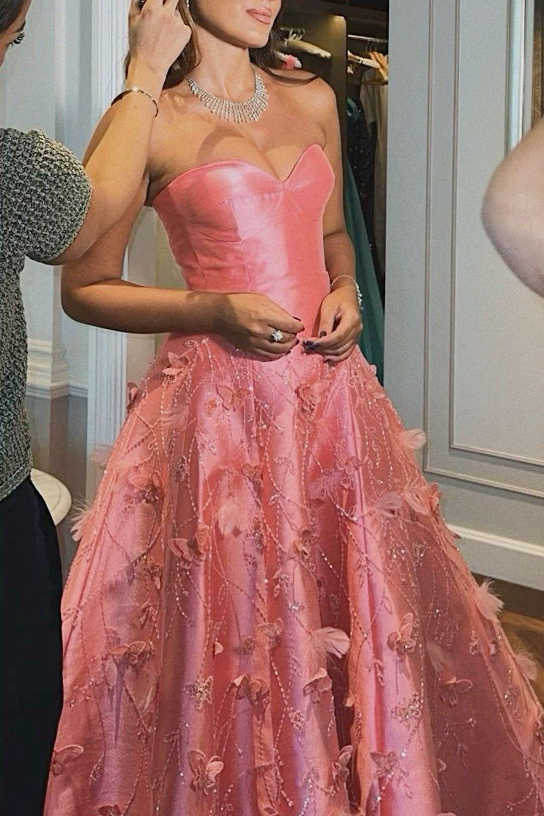 Ball Gown Sweetheart Pink Satin Floral Long Prom Dresses Formal Evening Dress SD1404 HZ0628