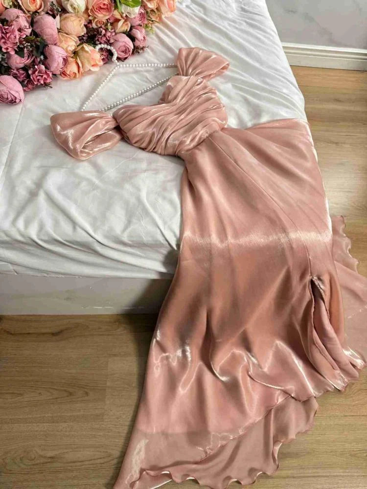 A Line Off The Shoulder Burgundy Satin Evening Gown Prom Dresses SD1426