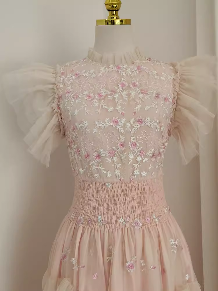 A line High Neck Floral Lace Vacation Dress Tulle Long Women Dresses SD143