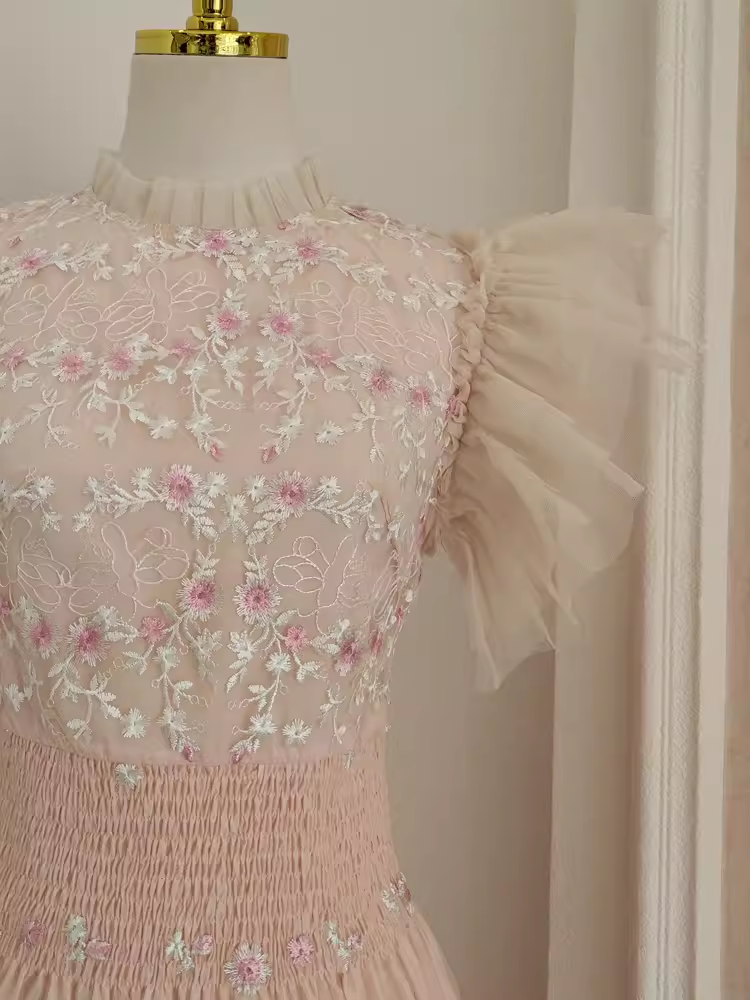 A line High Neck Floral Lace Vacation Dress Tulle Long Women Dresses SD143