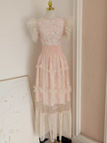 A line High Neck Floral Lace Vacation Dress Tulle Long Women Dresses SD143