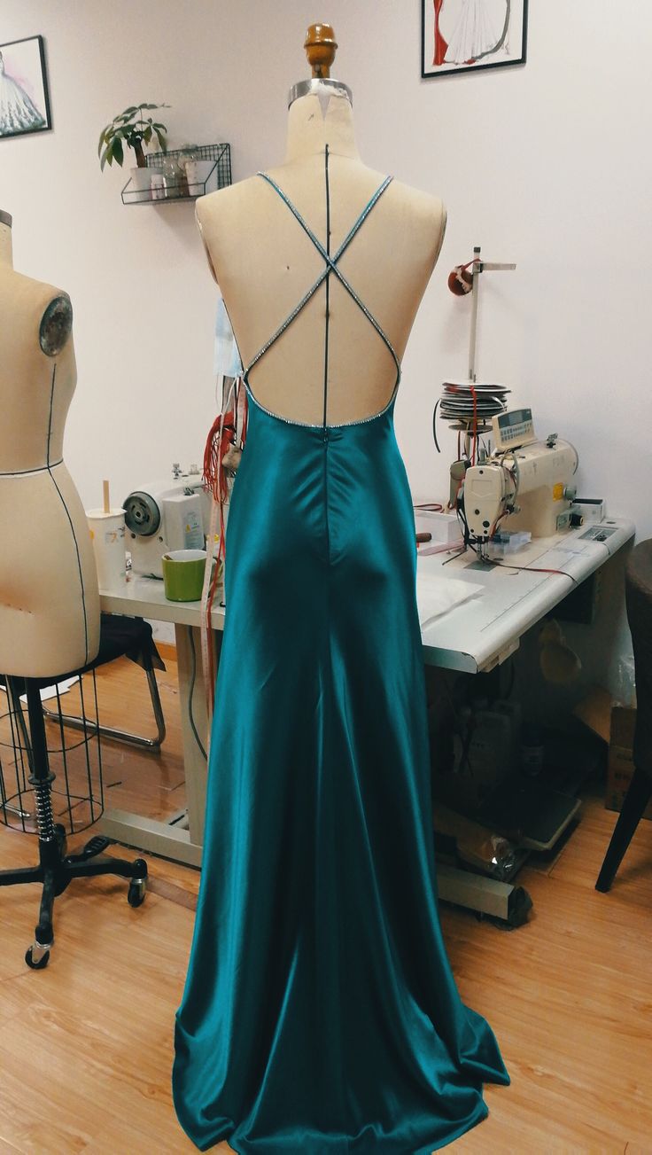 Teal Blue Satin V-neck Formal Prom Party Dress with Slit SD1445
